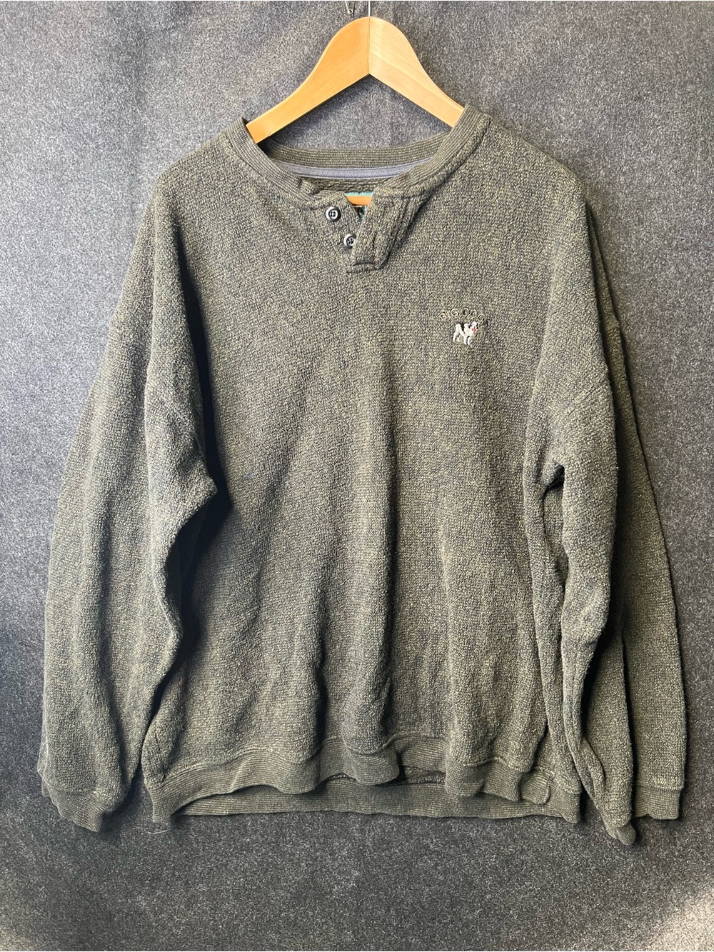 Vintage Big Dogs Men’s Henley Fleece Dark Green Sweatshirt Size L Winter Wear